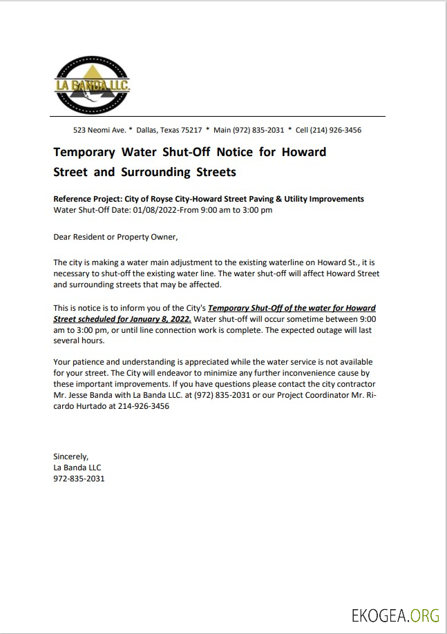 USA Texas La Banda utility water shut off notice, Word and PDF template